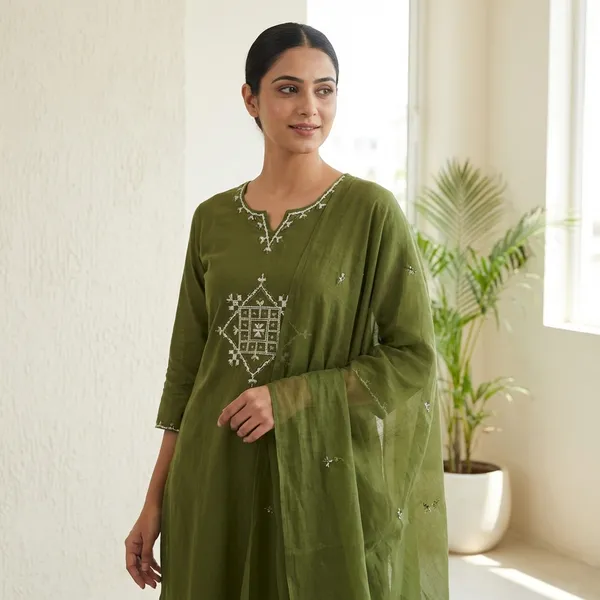 Kurta_Palazzo_Set_Olive_Green_Geometric_Embroidery