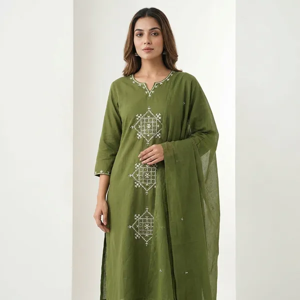 Kurta_Palazzo_Set_Olive_Green_Geometric_Embroidery
