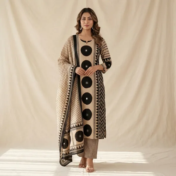 Kurta_Palazzo_Set_Beige_&_Black_Printed_With_Dupatta