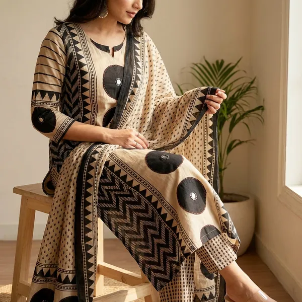 Kurta_Palazzo_Set_Beige_&_Black_Printed_With_Dupatta