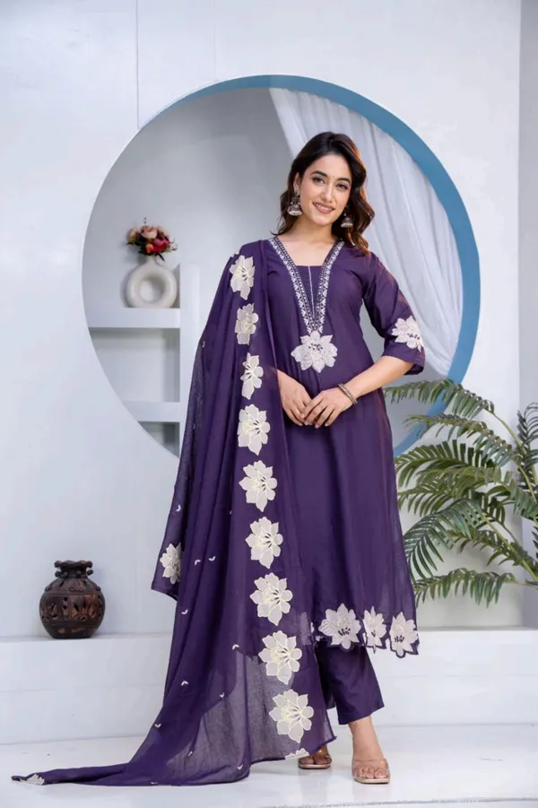 A_Line_Suit_Purple_Floral_Embroidered_With_Dupatta