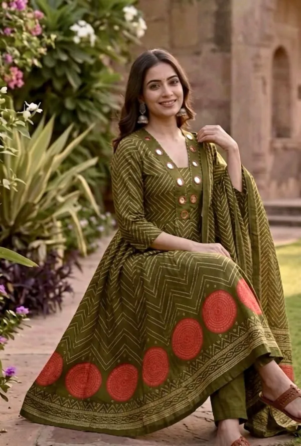 Anarkali_Suit_Set_Olive_Green_Chevron_Pattern_With_Red_Motifs