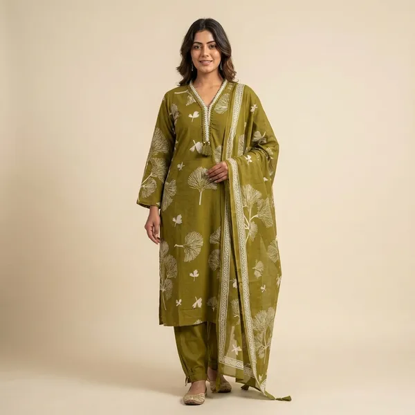 Kurta_Palazzo_Set_Olive_Green_Floral_Embroidered_With_Dupatta