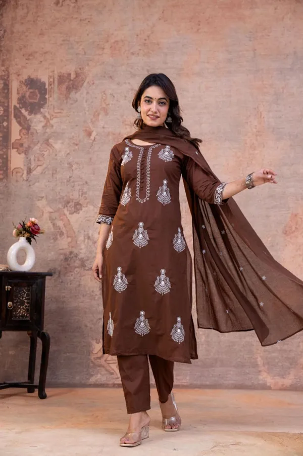 Kurta_Palazzo_Set_Brown_Embroidered_With_Dupatta