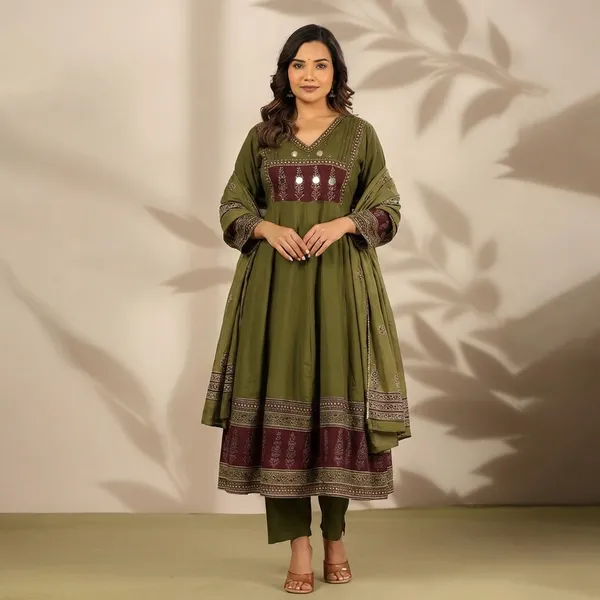 Anarkali_Kurta_Set_Olive_Green_With_Maroon_Embroidery_And_Palazzo