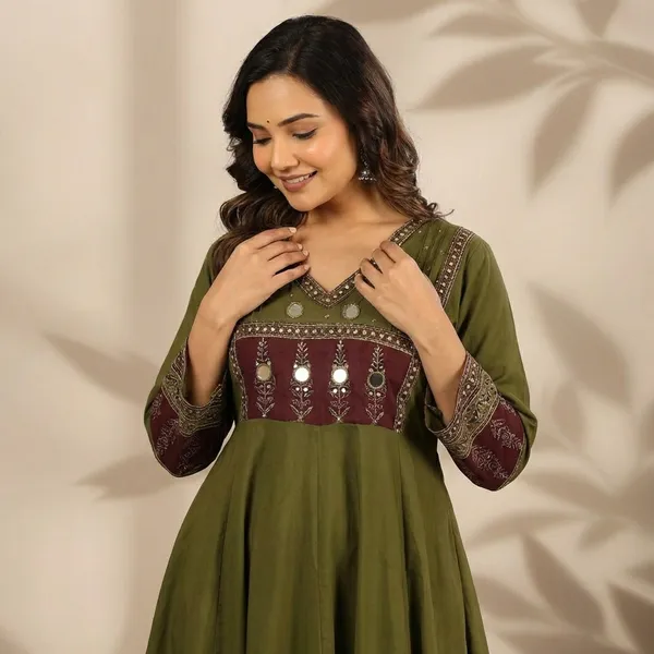 Anarkali_Kurta_Set_Olive_Green_With_Maroon_Embroidery_And_Palazzo