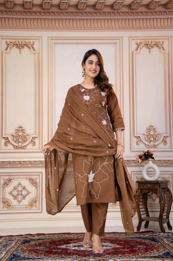 Kurta_Palazzo_Set_Brown_Floral_Embroidered_With_Dupatta