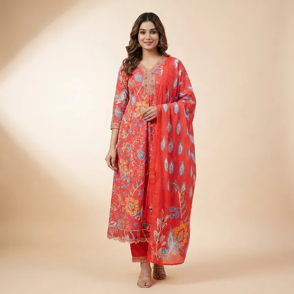 Anarkali_Kurta_Set_Red_Floral_Embroidered_With_Dupatta