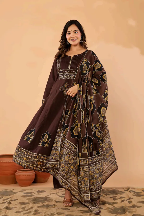 Anarkali_Suit_Set_Brown_Embroidered_With_Dupatta