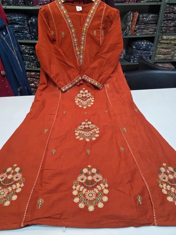 A_Line_Anarkali_Suit_Orange_Embellished_Golden_Work