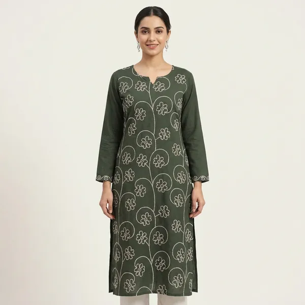 Kurta_Palazzo_Set_Olive_Green_Embroidered_Floral_Pattern