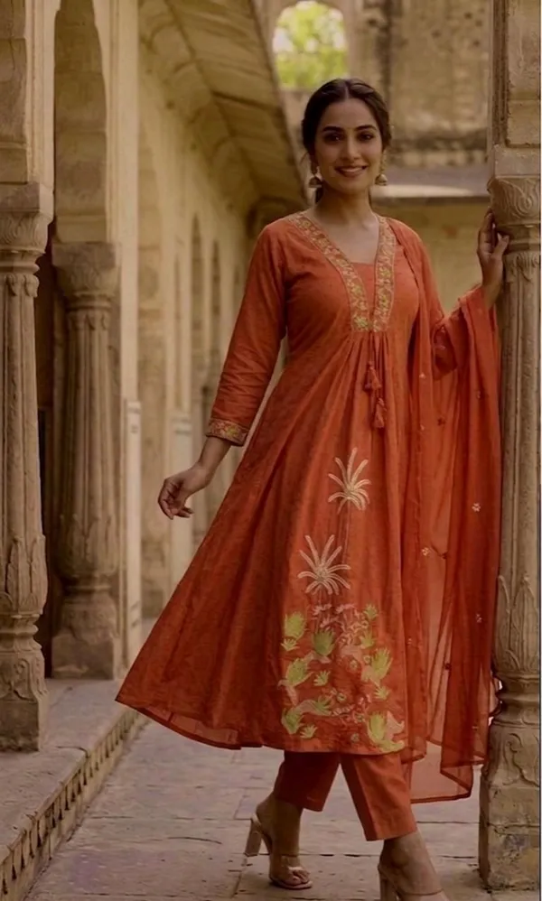 Anarkali_Suit_Orange_Floral_Embroidered