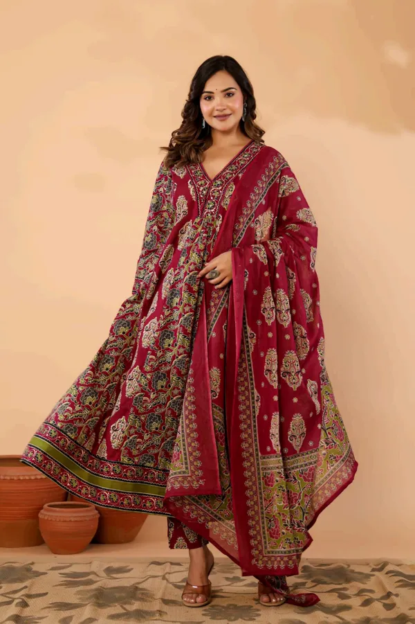 Anarkali_Suit_Set_Red_Embroidered_With_Dupatta