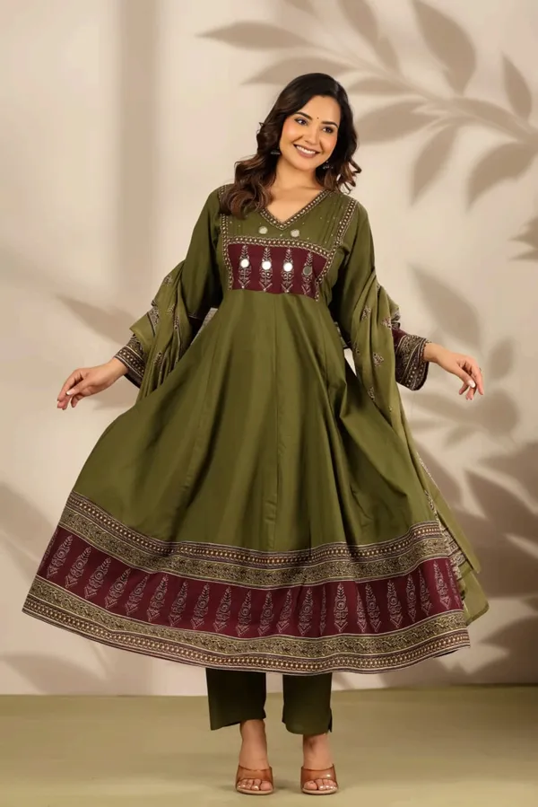 Anarkali_Kurta_Set_Olive_Green_With_Maroon_Embroidery_And_Palazzo