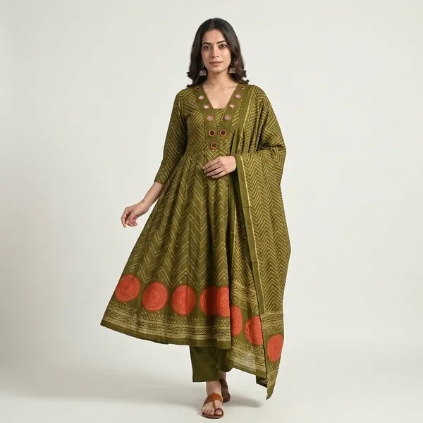 Anarkali_Suit_Set_Olive_Green_Chevron_Pattern_With_Red_Motifs