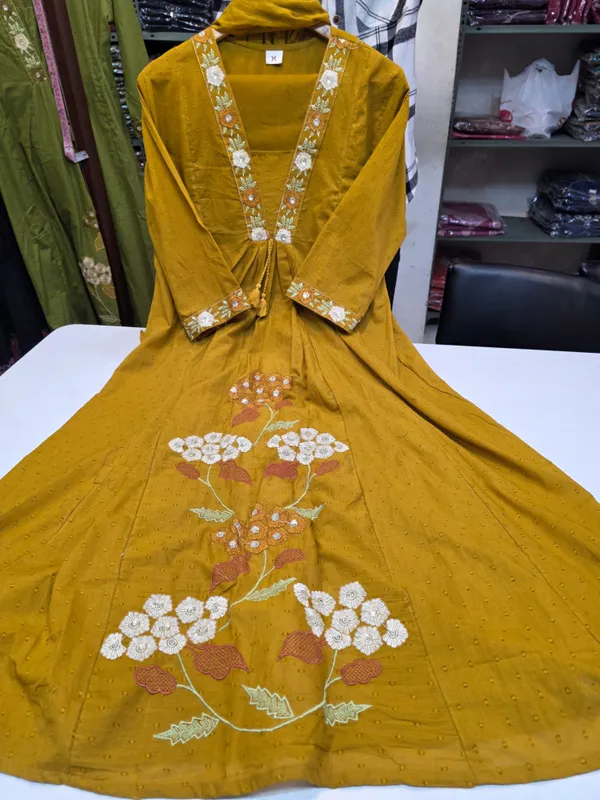 A_Line_Kurta_Suit_Mustard_Yellow_Embroidered_Floral_Motifs