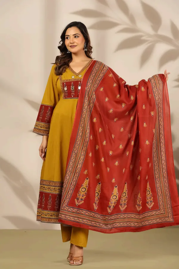 Anarkali_Suit_Set_Mustard_Yellow_&_Red_Embroidered_With_Dupatta