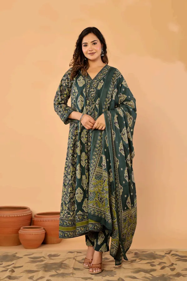 Anarkali_Kurta_Set_Green_Printed_With_Dupatta