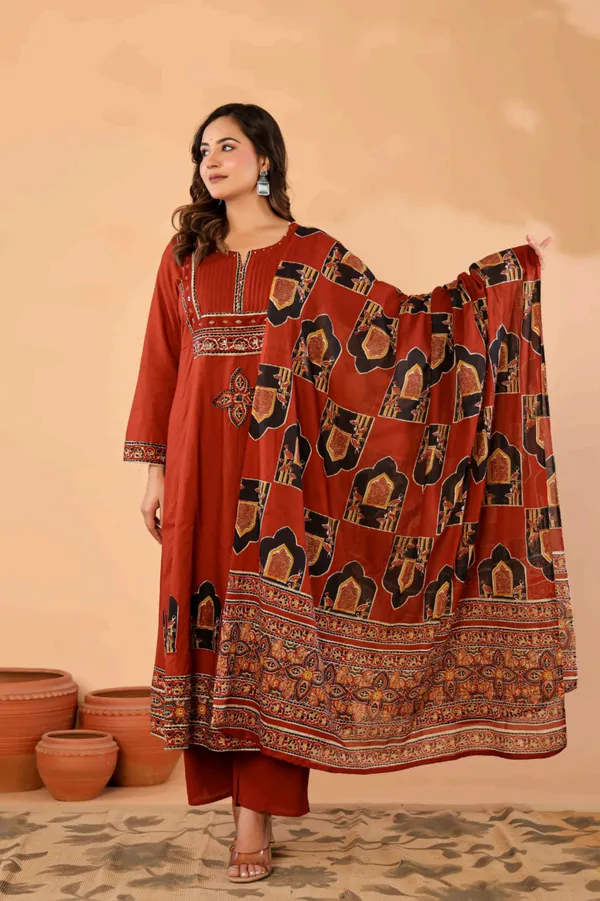 Anarkali_Kurta_Set_Rust_Red_Printed_With_Dupatta
