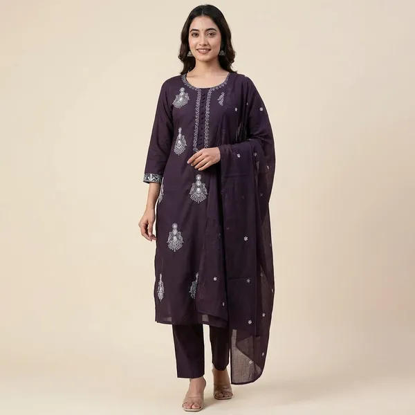 Kurta_Set_Brown_Embroidered_With_Dupatta