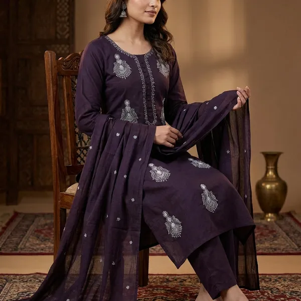 Kurta_Set_Brown_Embroidered_With_Dupatta