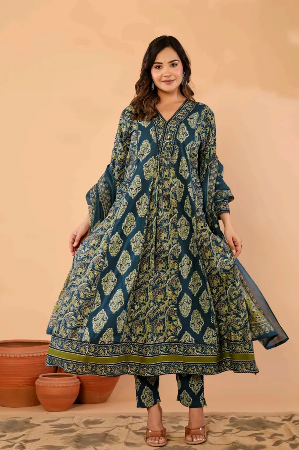 Anarkali_Kurta_Set_Blue_&_Green_Printed_With_Palazzo
