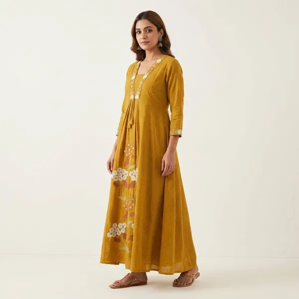 A_Line_Kurta_Suit_Mustard_Yellow_Embroidered_Floral_Motifs