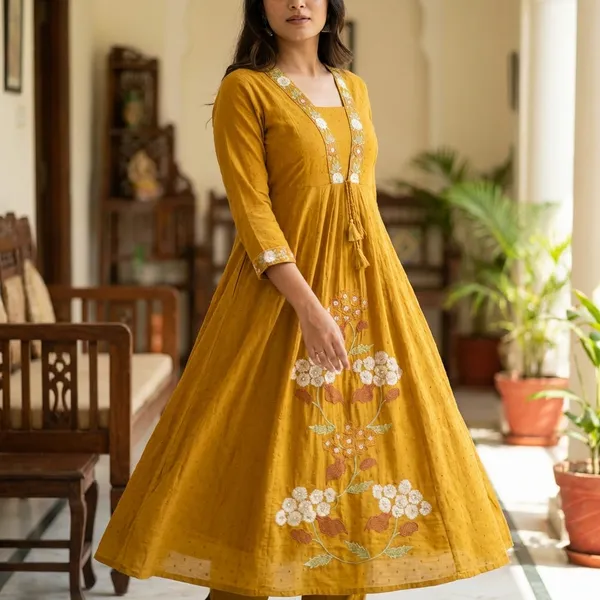 A_Line_Kurta_Suit_Mustard_Yellow_Embroidered_Floral_Motifs