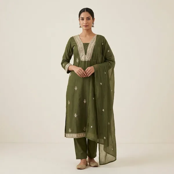 Kurta_Palazzo_Set_Olive_Green_Embroidered_With_Dupatta