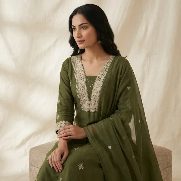 Kurta_Palazzo_Set_Olive_Green_Embroidered_With_Dupatta