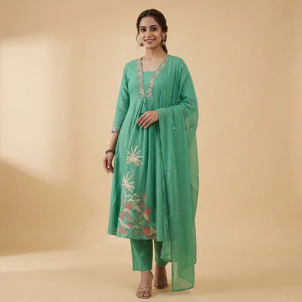 A_Line_Kurta_Palazzo_Suit_Mint_Green_Embroidered_With_Dupatta