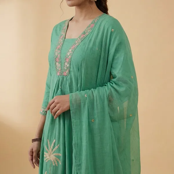 A_Line_Kurta_Palazzo_Suit_Mint_Green_Embroidered_With_Dupatta