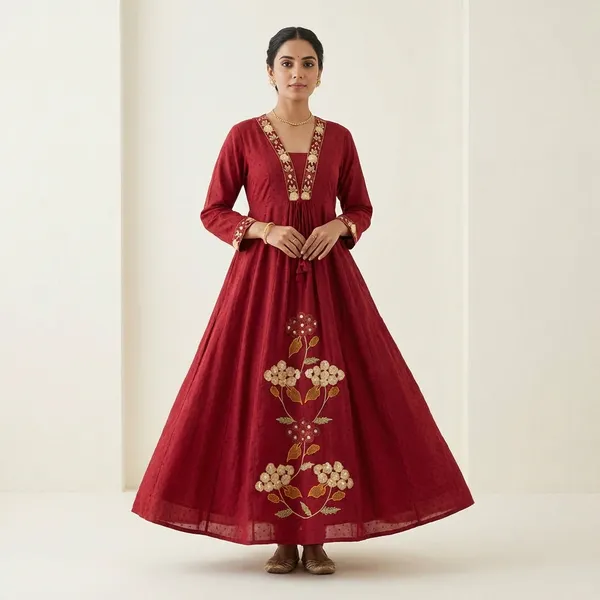A_Line_Kurta_Suit_Maroon_Embroidered_Floral_Motif