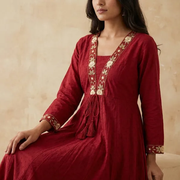 A_Line_Kurta_Suit_Maroon_Embroidered_Floral_Motif
