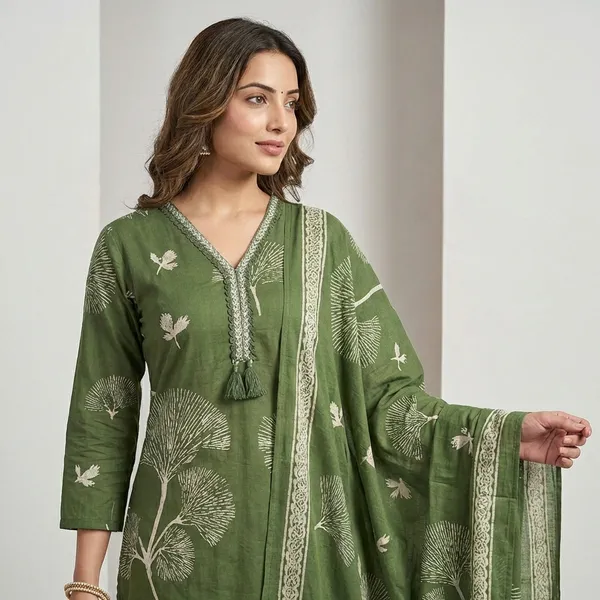 Anarkali_Suit_Olive_Green_Printed_With_Dupatta