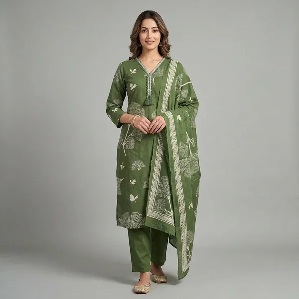 Anarkali_Suit_Olive_Green_Printed_With_Dupatta