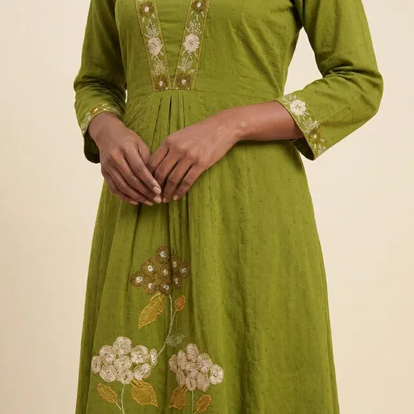 A_Line_Kurta_Suit_Olive_Green_Embroidered_With_Gota_Patti_Work