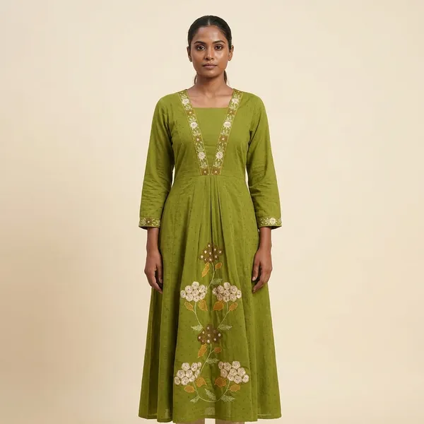 A_Line_Kurta_Suit_Olive_Green_Embroidered_With_Gota_Patti_Work