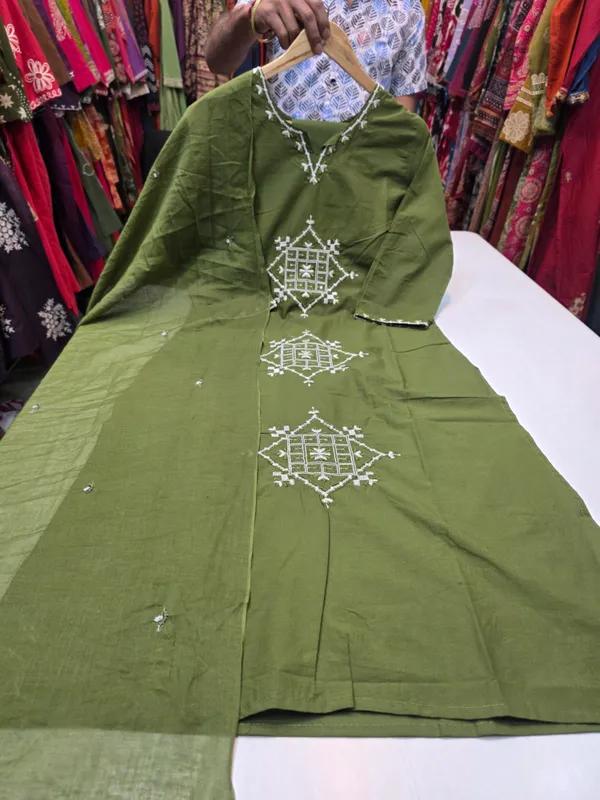 Kurta_Palazzo_Set_Olive_Green_Geometric_Embroidery