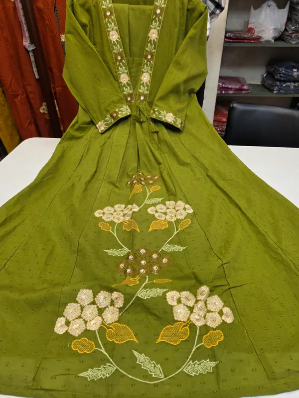 A_Line_Kurta_Suit_Olive_Green_Embroidered_With_Gota_Patti_Work