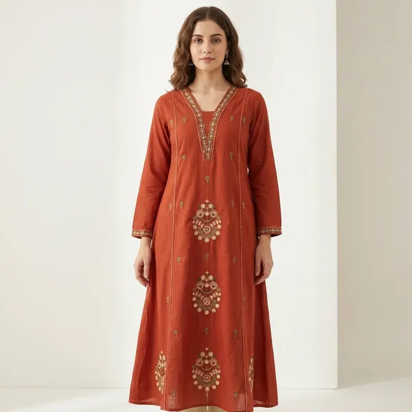 A_Line_Anarkali_Suit_Orange_Embellished_Golden_Work