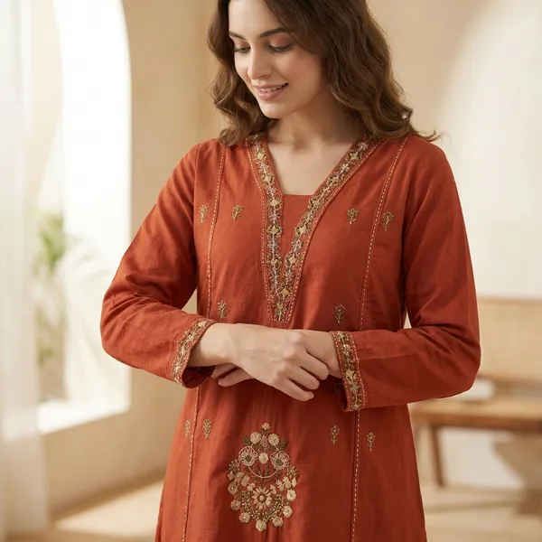 A_Line_Anarkali_Suit_Orange_Embellished_Golden_Work