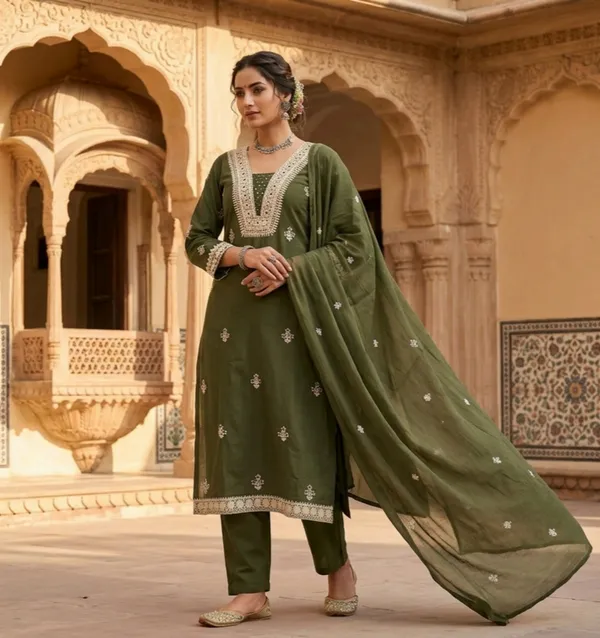 Kurta_Palazzo_Set_Olive_Green_Embroidered_With_Dupatta