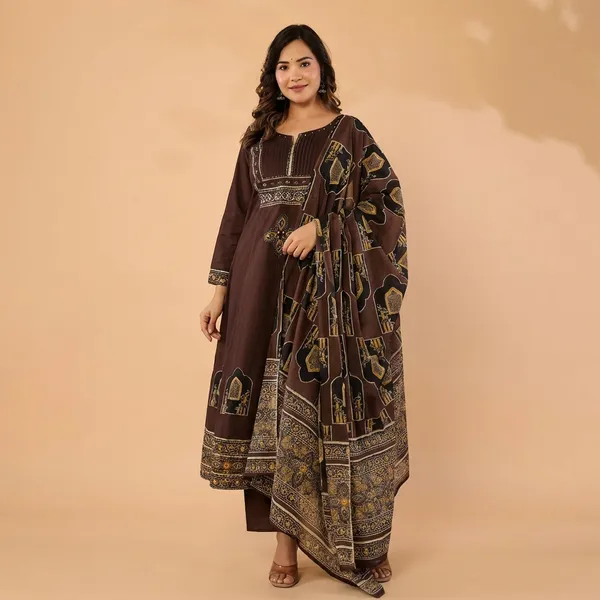 Anarkali_Suit_Set_Brown_Embroidered_With_Dupatta