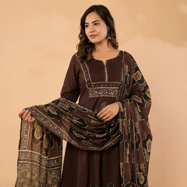 Anarkali_Suit_Set_Brown_Embroidered_With_Dupatta