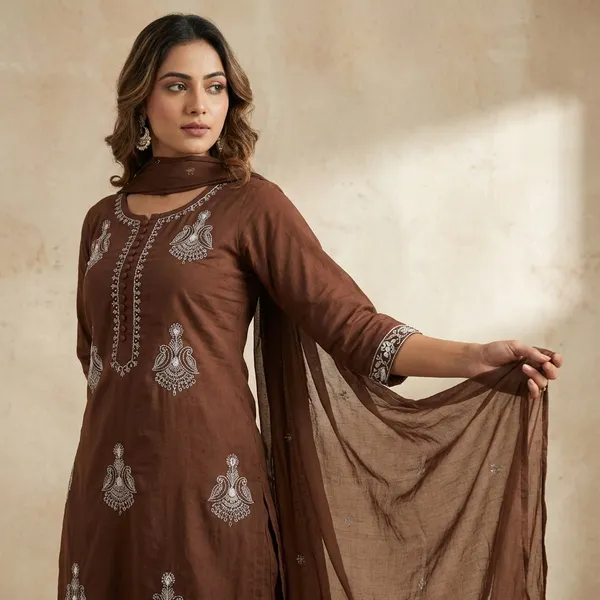 Kurta_Palazzo_Set_Brown_Embroidered_With_Dupatta