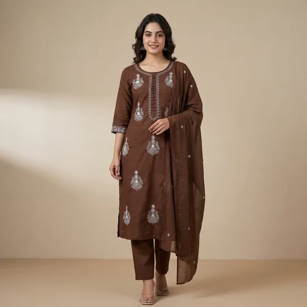 Kurta_Palazzo_Set_Brown_Embroidered_With_Dupatta
