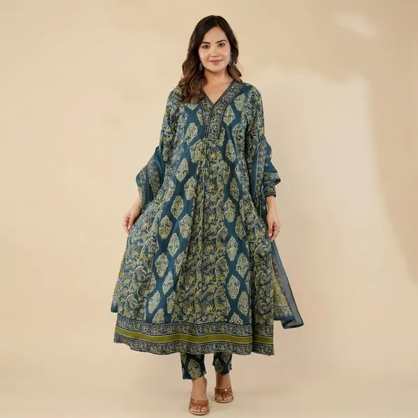 Anarkali_Kurta_Set_Blue_&_Green_Printed_With_Palazzo