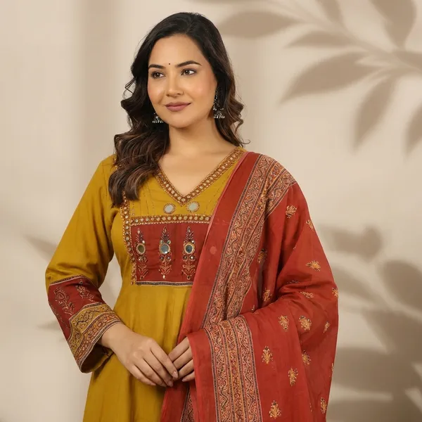 Anarkali_Suit_Set_Mustard_Yellow_&_Red_Embroidered_With_Dupatta