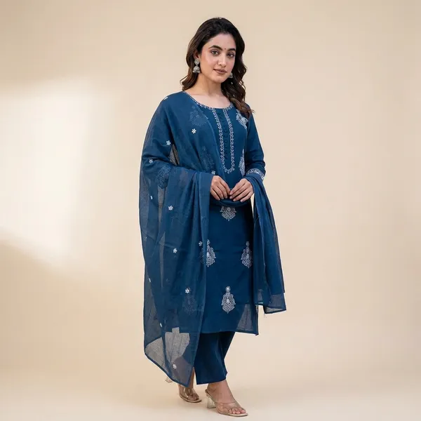 Kurta_Palazzo_Set_Blue_Embroidered_With_Dupatta